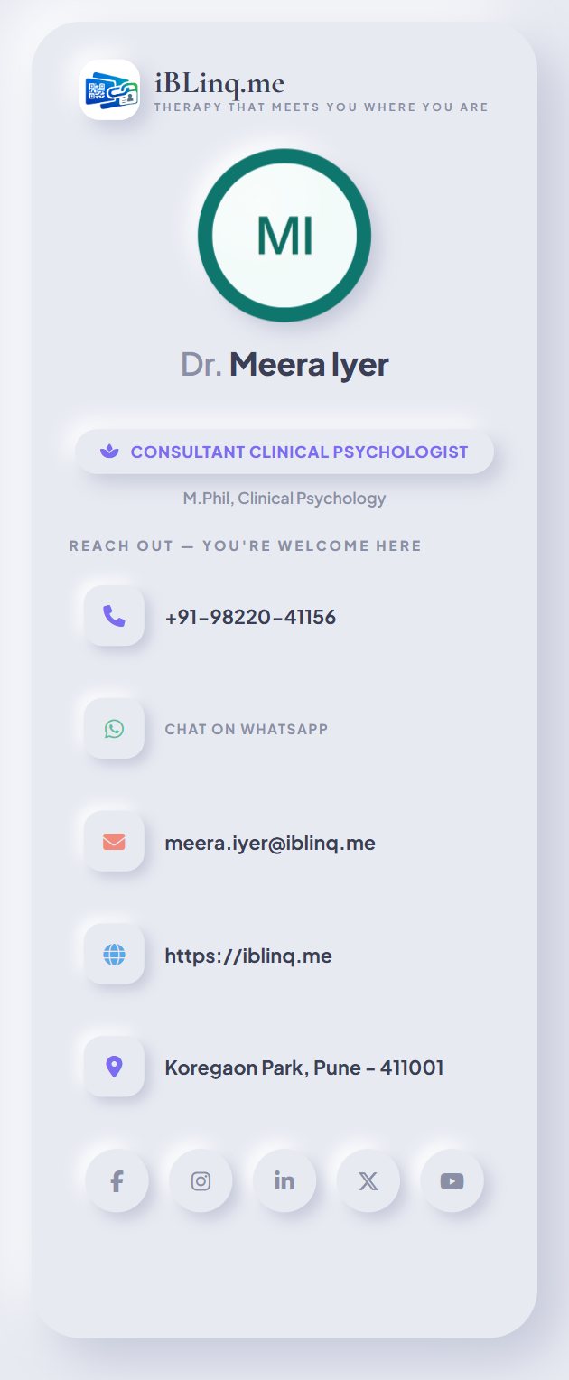 iBLinq card in the Psychologist Profile template &mdash; a consultant clinical psychologist, in a soft neumorphic style.