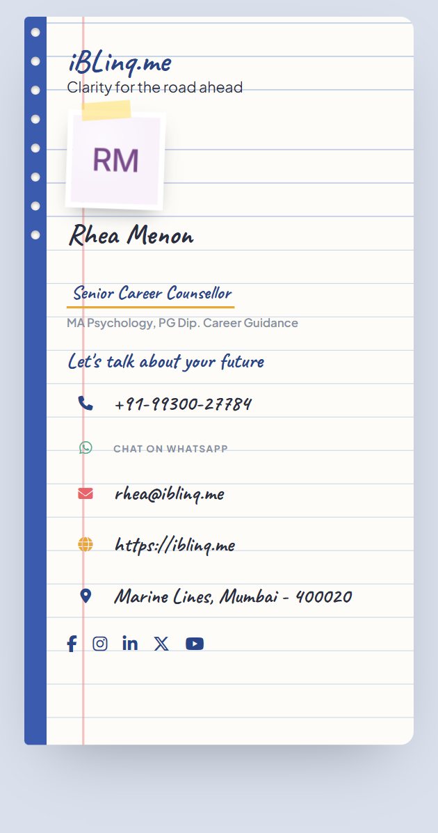 iBLinq card in the Career Counsellor template &mdash; a senior career counsellor, on ruled notebook paper.