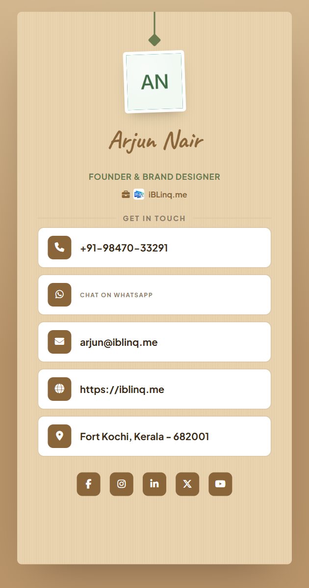 iBLinq card in the Kraft Paper template &mdash; a brand designer, on a textured kraft background.