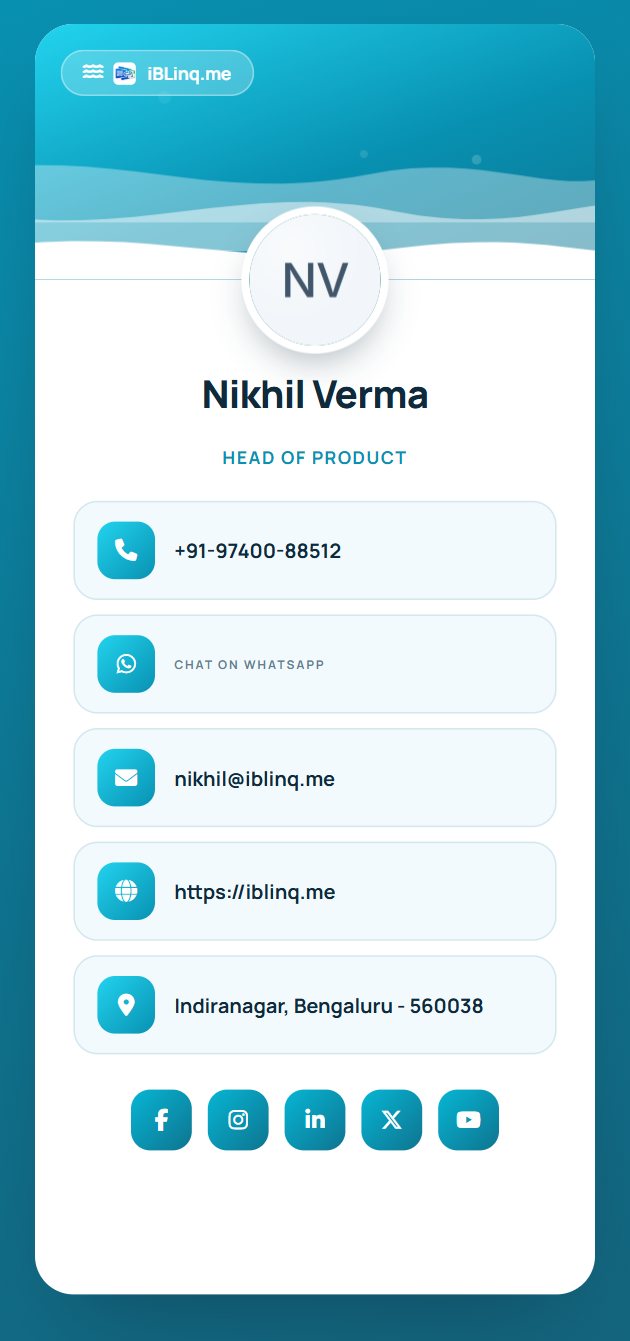 iBLinq card in the Ocean Wave Gradient template &mdash; a head of product, under a curved ocean header.