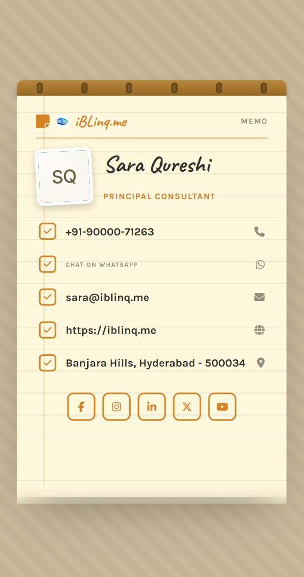 iBLinq card in the Memo Pad Tearoff template &mdash; a principal consultant, styled as a tear-off memo pad.