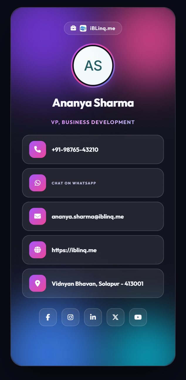 An iBLinq card on a phone — Ananya Sharma, VP Business Development at iBLinq.me, with phone, WhatsApp, email, website and five social links.